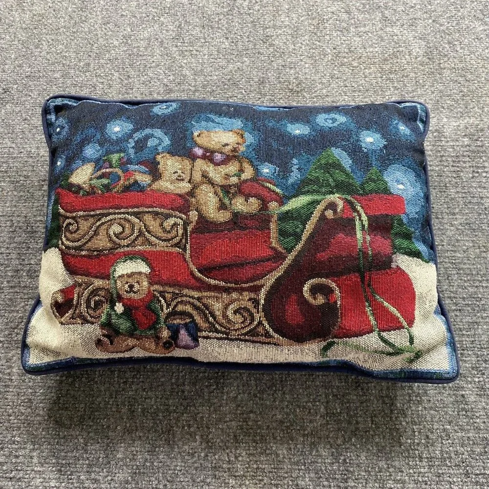 Vintage 70s Christmas Tapestry Pillow Teddy Bears in Santa's Sleigh 80s Country